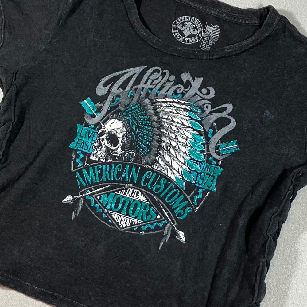 Y2K Affliction American Customs Motors Skull Graphic Tee Lace Up Sides Black L